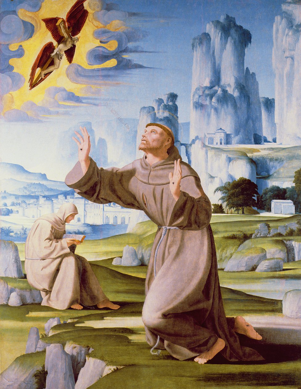 St. Franciskus som tar emot Stigmata (tempera på panel) (se även 170219) av Pietro Francione