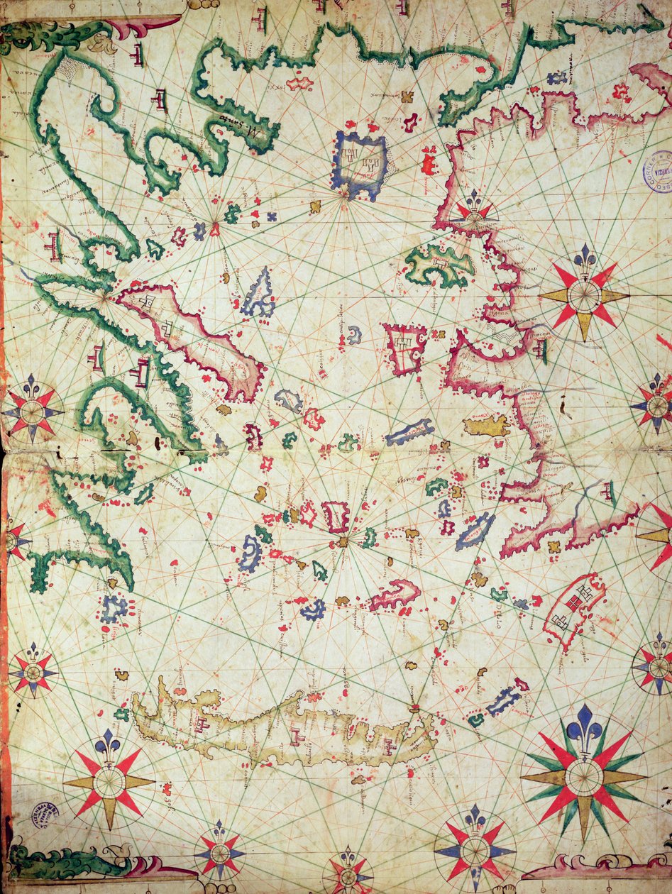 Egeiska havet, från en nautisk atlas, 1651 (bläck på veläng) (se även 330926-330927) av Pietro Giovanni Prunes