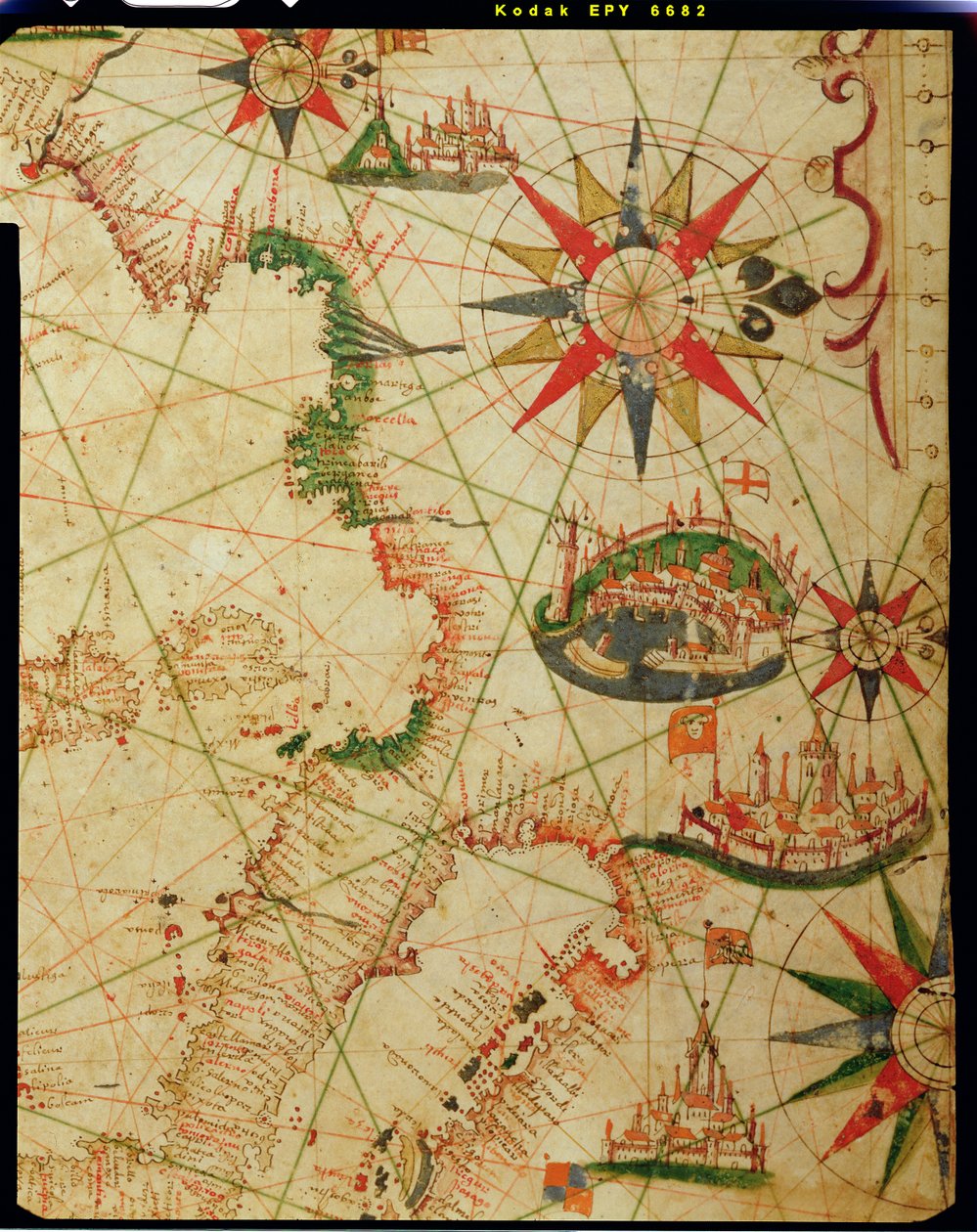 Frankrikes, Italiens och Dalmatiens sydkust, från en nautisk atlas, 1651 (bläck på veläng) (detalj från 330924) av Pietro Giovanni Prunes