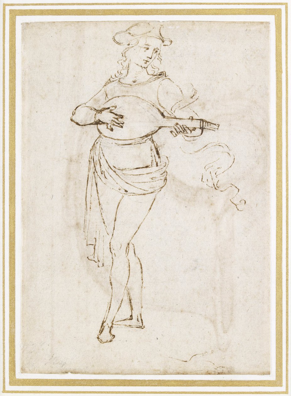 A Lute Player (penna och mörkbrunt bläck över svart krita på benvitt papper) av Pietro Perugino
