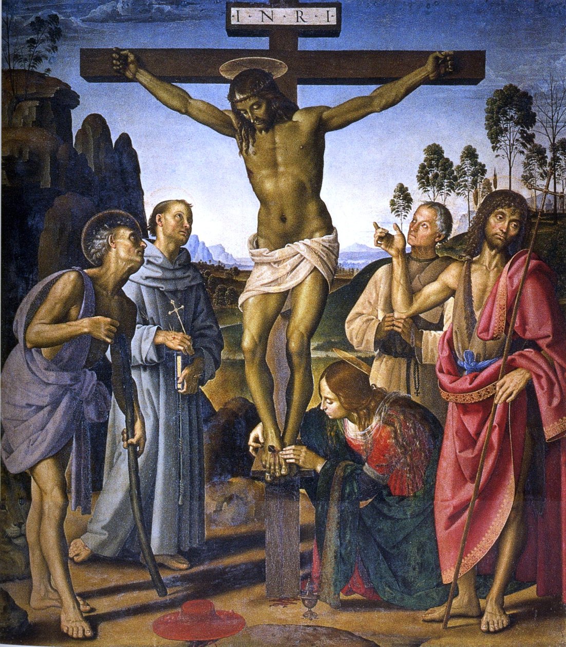 Korsfästelse med Saints Girolamo av Pietro Perugino