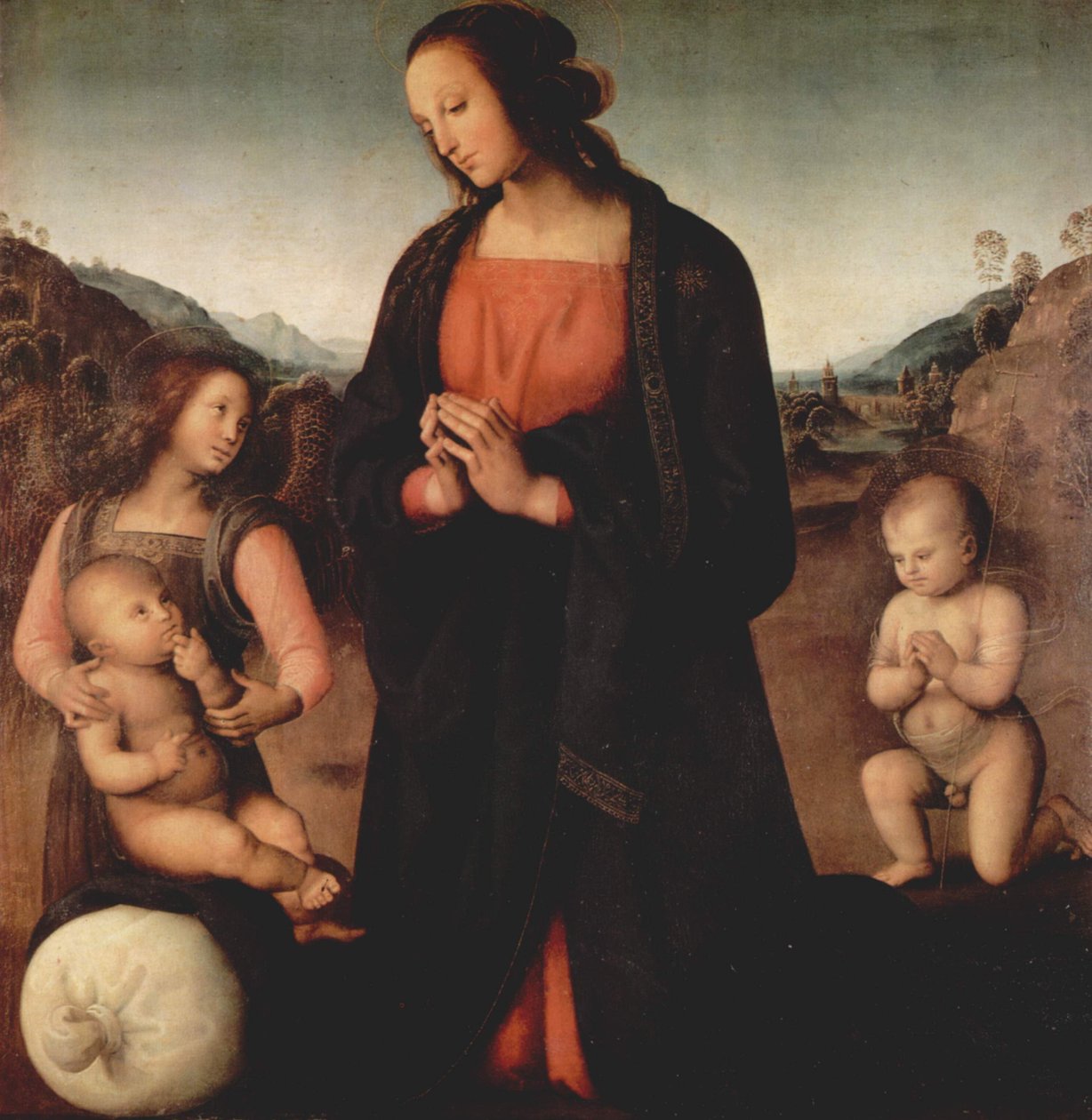 Maria, som förespråkar Kristus barn, med Johannes Döparen och en ängel (Madonna of the Sacco) av Pietro Perugino