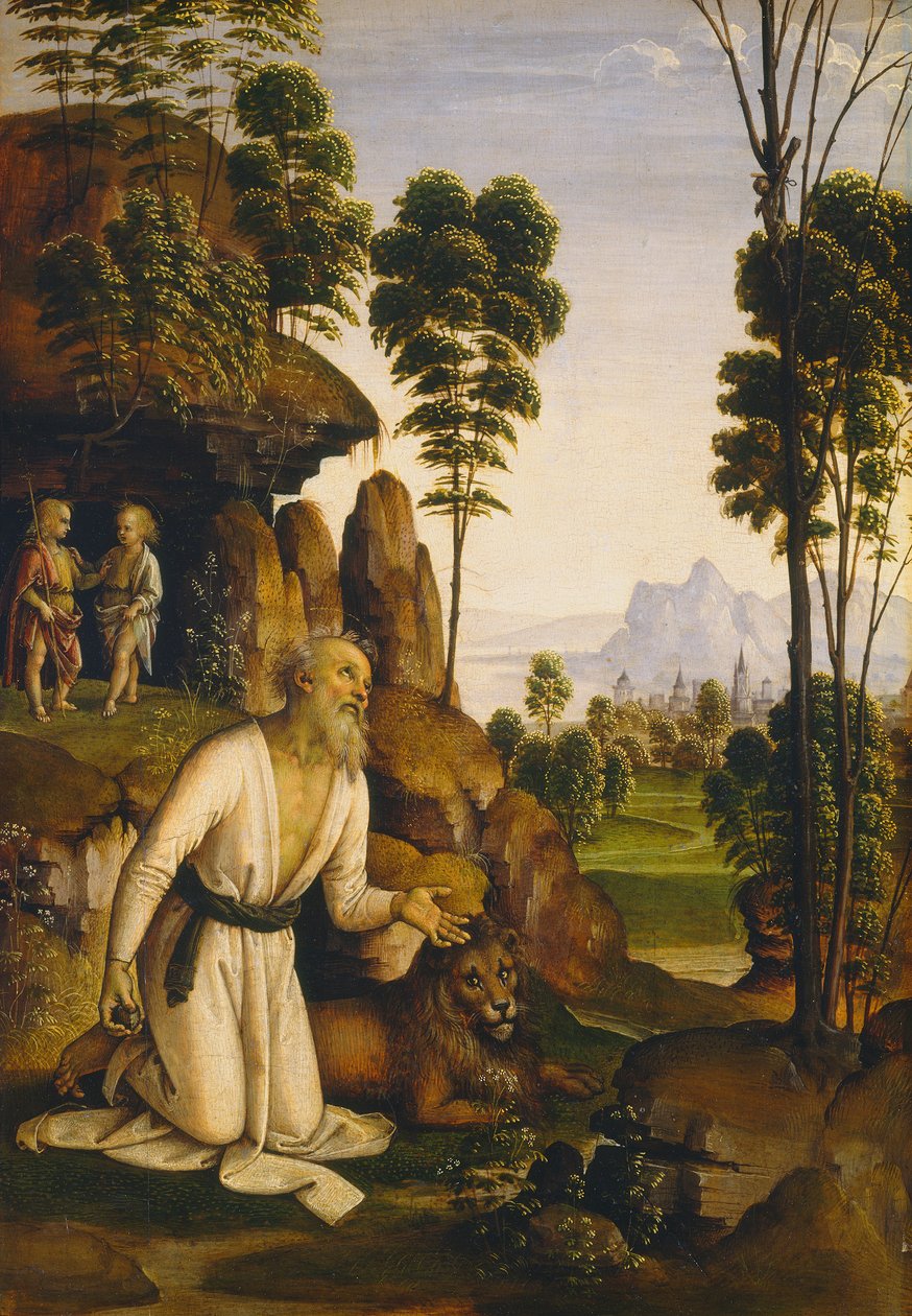 Saint Hieronymus i vildmarken, ca 1490-1500 (tempera på panel) av Pietro Perugino