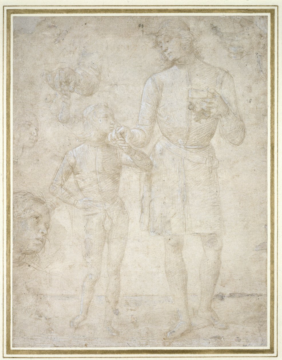 Studier för Tobias och ängeln (silverspets, förhöjd med vit kroppsfärg (oxiderad) på ett blekt krämpapper) av Pietro Perugino