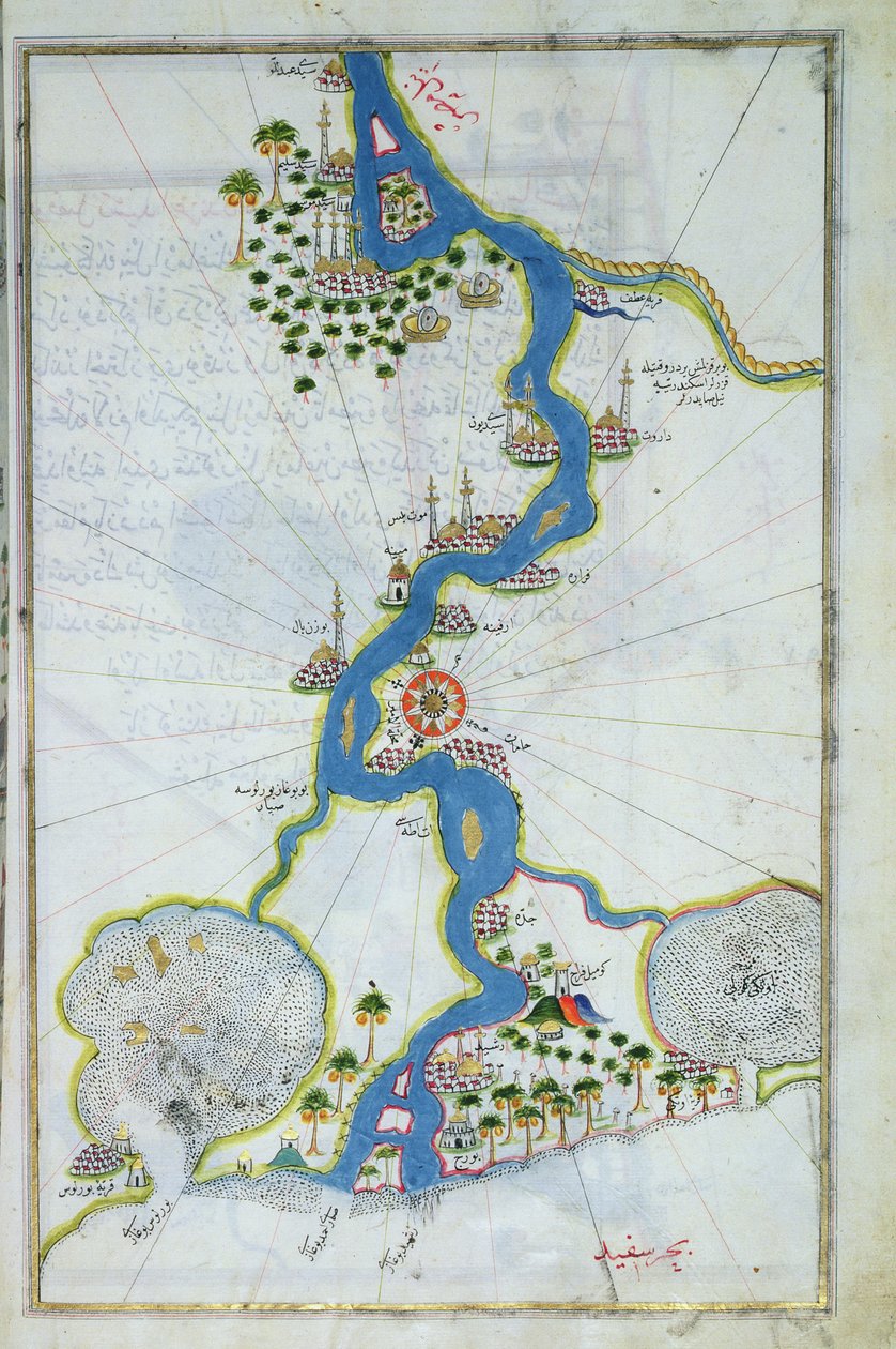 MS W.658 fol.304v Karta över Nilen från Kitab-I Bahriye (tempera, guld och bläck på papper) av Piri Reis