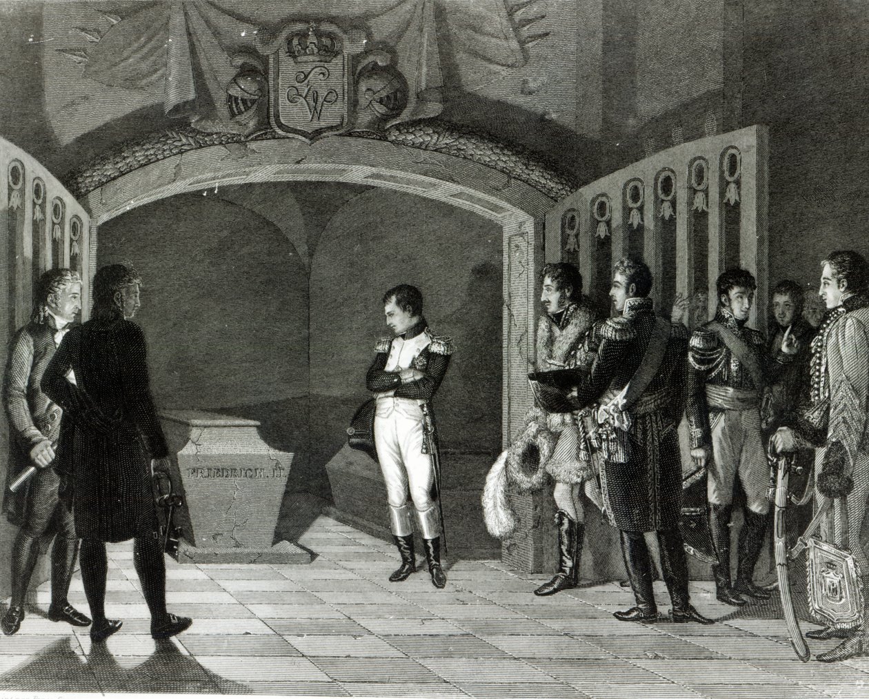 Napoleon mediterar inför Fredrik II av Preussens grav i kryptan till Garnisonkirche i Potsdam, ca 1810 av Ponce Camus. Marie Nicholas
