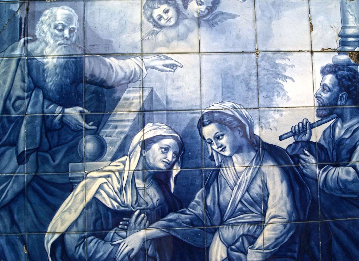 Dekorativ panel föreställande Mary och Joseph anländer till värdshuset, Lamego, Portugal. 1738 (keramiska plattor) av Portuguese School