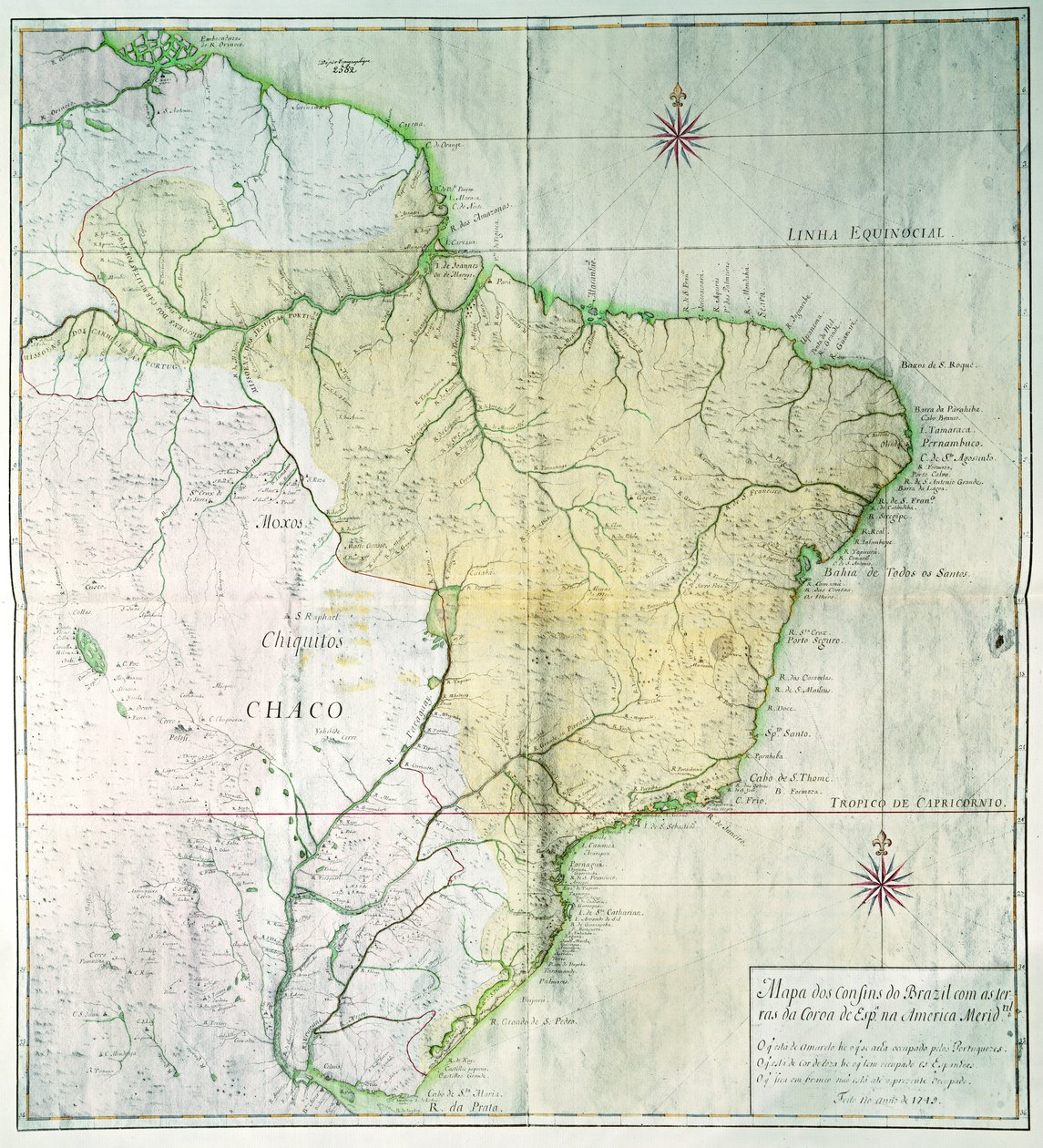 Karta över Brasilien, 1749 (färggravyr) av Portuguese School