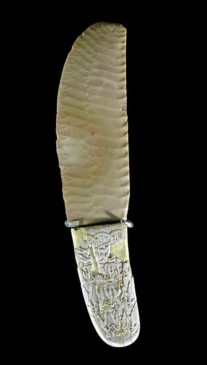 Kniv snidad med stridsscener, från Gebel el-Arak, Naqada II-perioden, ca 3500-3100 (flint och flodhäst elfenben) av Predynastic Period Egyptian