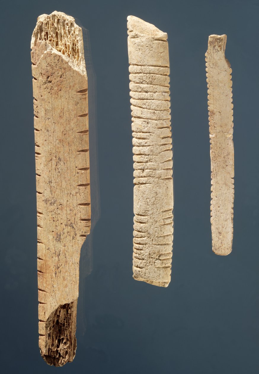 Tre dekorerade ben (ben) av Prehistoric