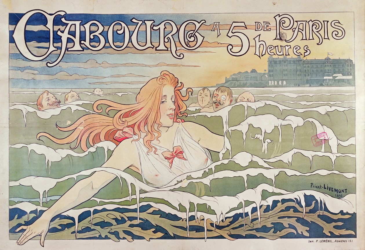 Affisch gjord för de franska järnvägarna, som annonserar att det är lätt att ta sig till Cabourg på Normandiekusten från Paris, 1896. av Privat Livemont