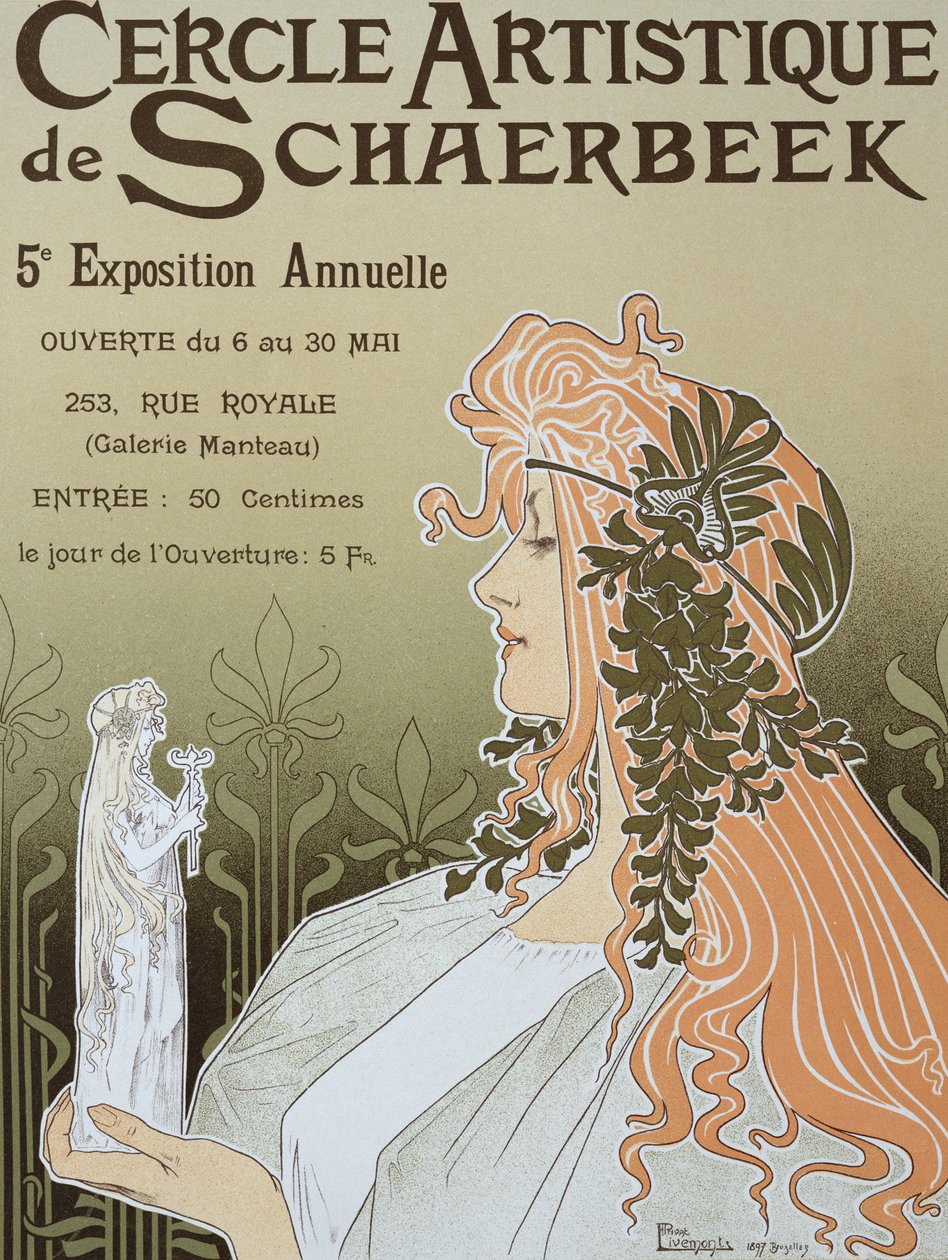 Reproduktion av en affisch som annonserar "Schaerbeeks konstnärliga cirkel, den femte årliga utställningen", Galerie Manteau, 1897 av Privat Livemont
