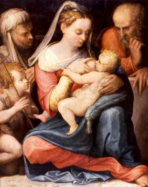 Den heliga familjen (olja på panel) av Prospero Fontana