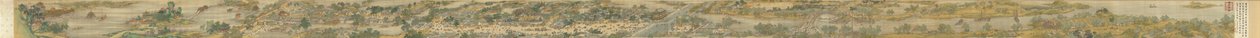 Längs floden under Qingming-festivalen, Qing Court Version, handrulla, 1736 (bläck och färg på siden) av Qing Dynasty Chinese School