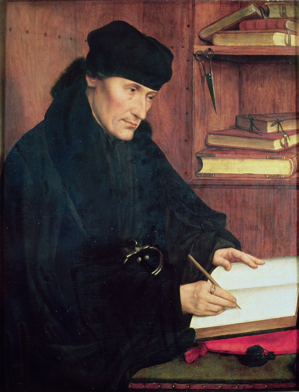 Porträtt av Erasmus av Rotterdam (1466-1536) av Quentin Massys or Metsys