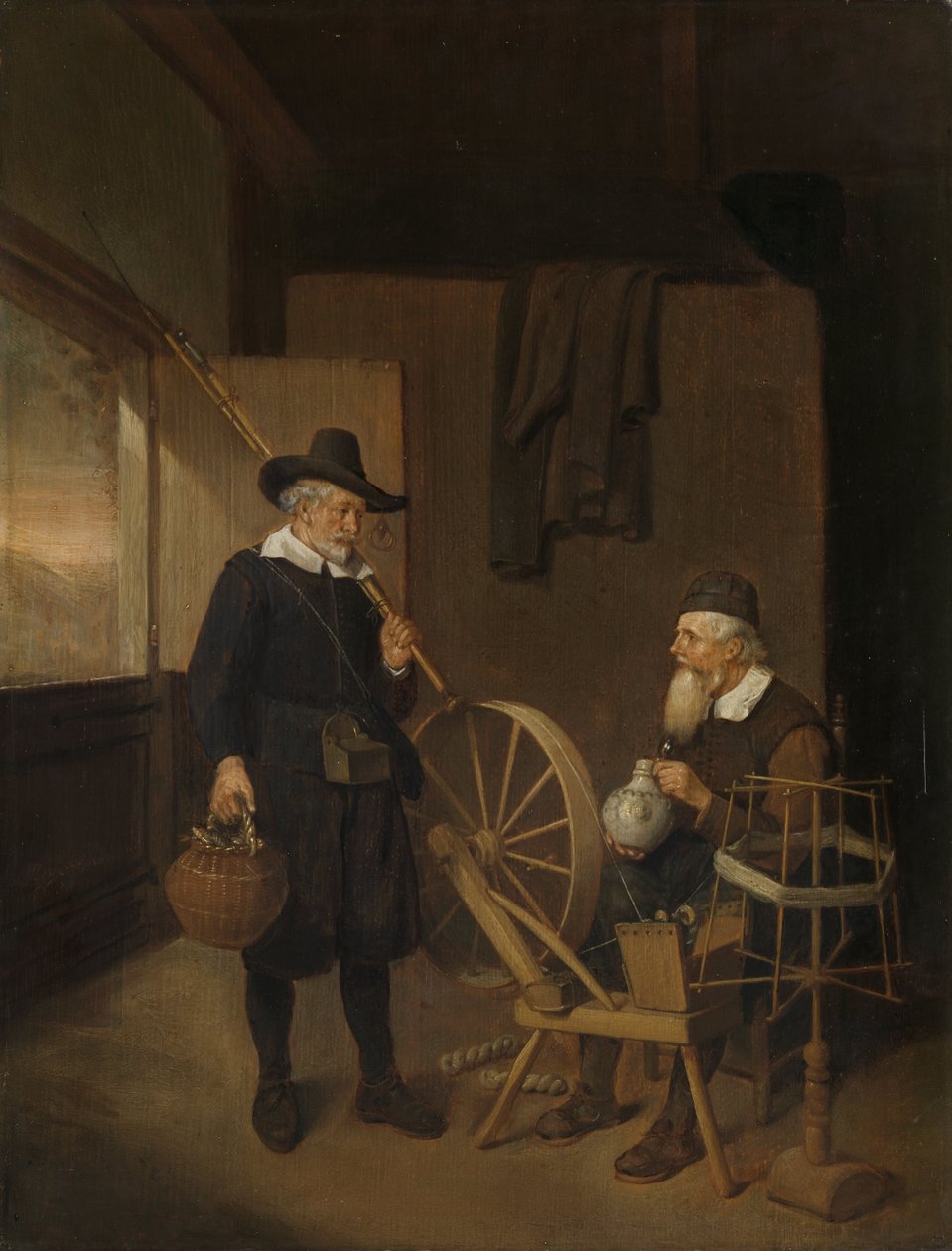 Interior with angler and man behind a spinning wheel and yarn reel av Quirijn van Brekelenkam