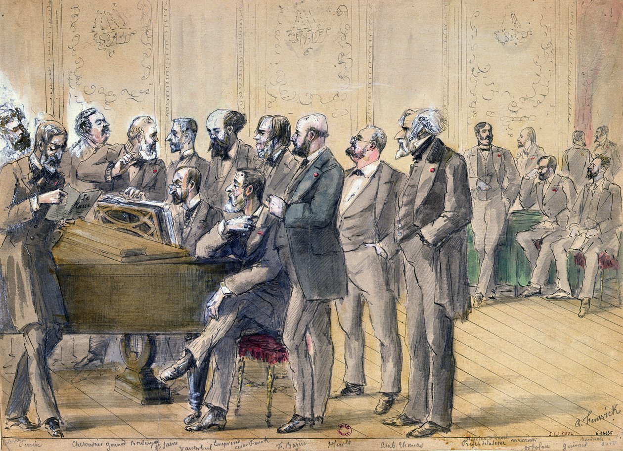 Juryn vid Pariskonservatoriet, ca 1871 (penna, bläck och tvätt på papper) av R. Fenwick