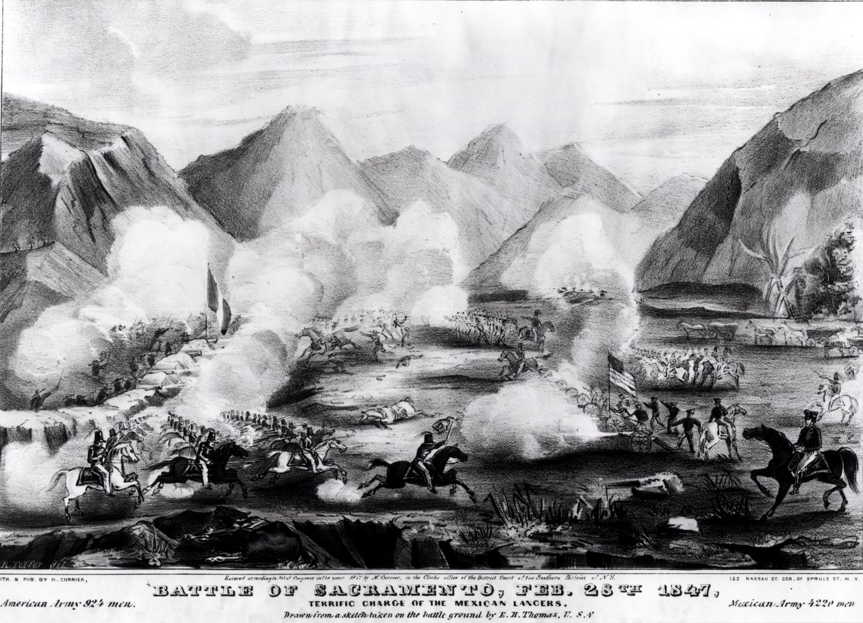 Slaget vid Sacramento: Terrific Charge of the Mexican Lancers, 28 februari 1847, graverad och publicerad av Nathanial Currier (1813-88) 1847 av R. Telfer