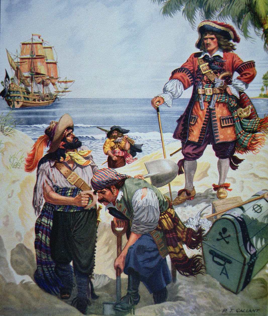Piratchefen begraver skatten (färg litho) av R.J. Gallant