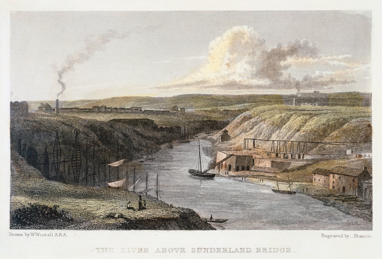 The Wear ovanför Sunderland Iron Bridge, c1829. av R Francis