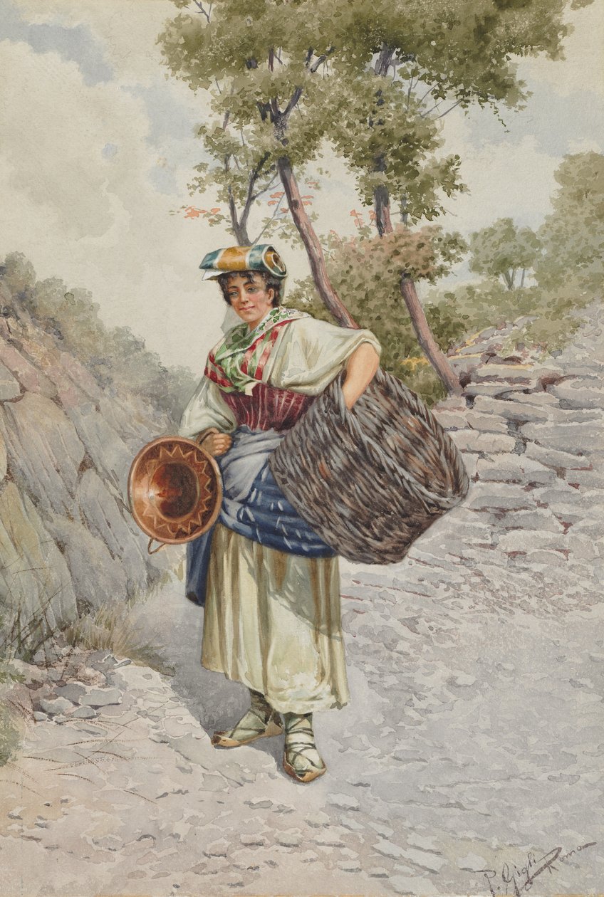 Bondflicka på en stenig väg, 1800-talet. av R. Gigli