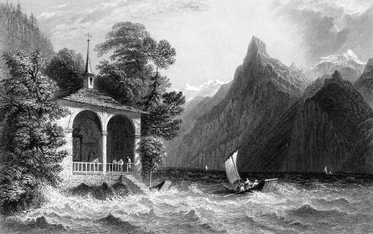 Tells Chapel, Lake Uri, Schweiz, 1836. av R. Wallis