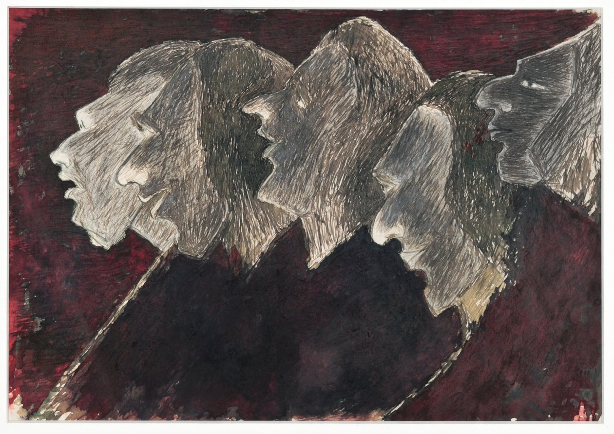 Fem profiler som överlappar (bläck på papper) av Rabindranath Tagore