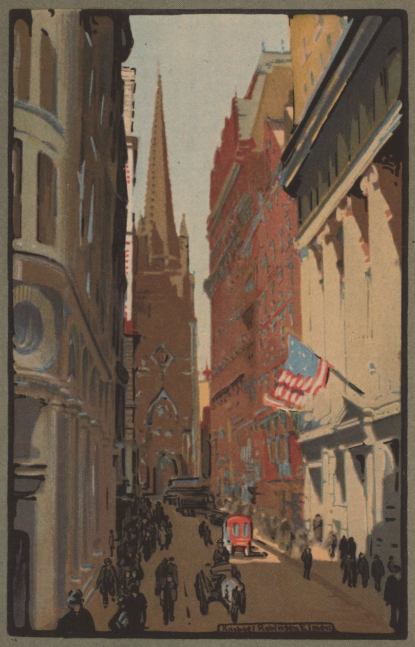 Trinity Church och Wall Street, 1914. av Rachael Robinson Elmer