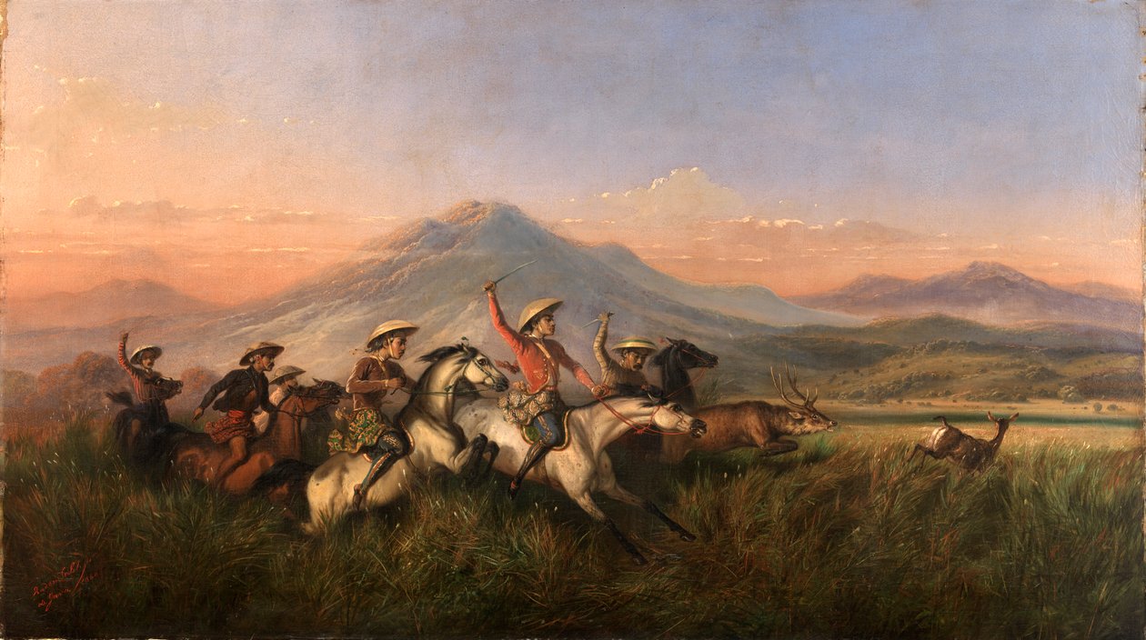 Sex ryttare som jagar rådjur, 1860. av Raden Saleh