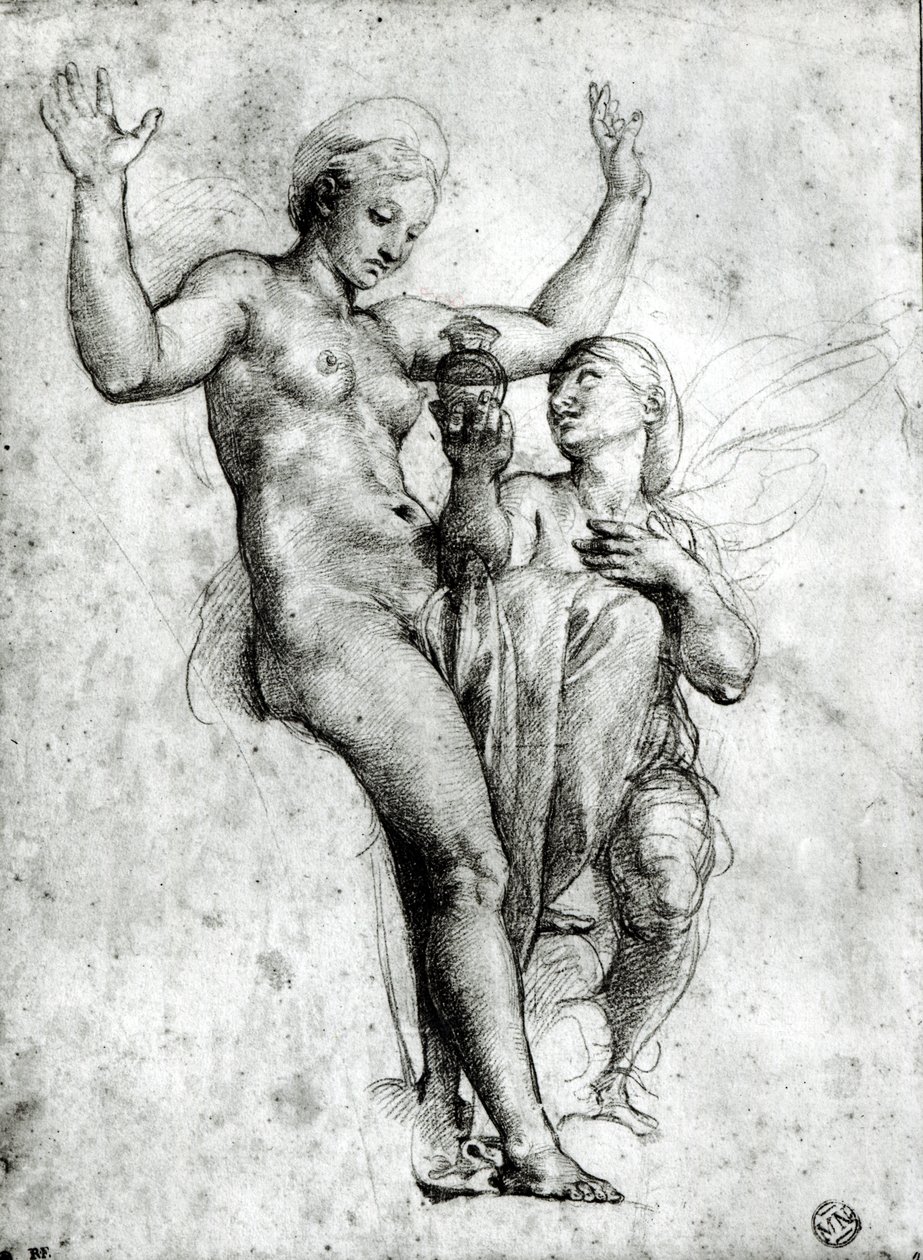 Psyche presenterar Venus med vatten från Styx, 1517 (röd krita på papper) av Raffaello Sanzio Raphael