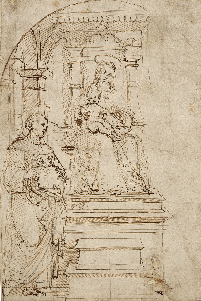 Sketch for an enthroned Virgin and Child with St. Nicholas of Tolentino av Raffaello Sanzio Raphael