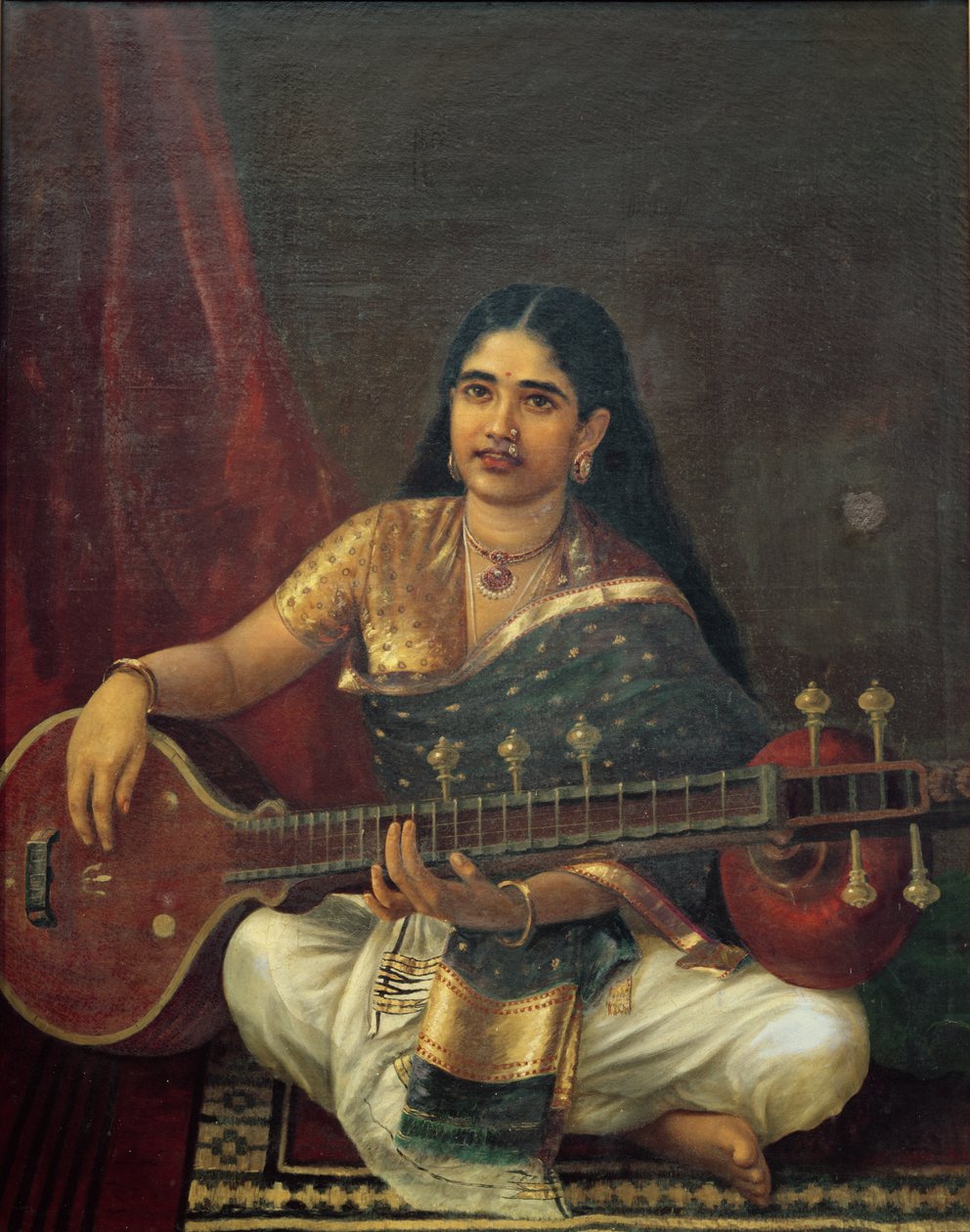 Ung kvinna med en Veena av Raja Ravi Varma