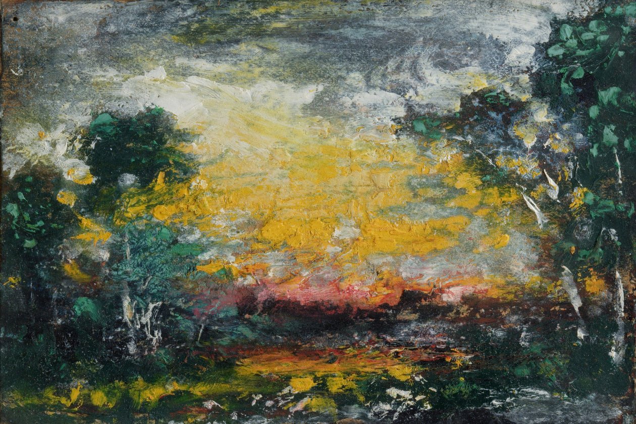 Solnedgång, 1916 (olja på kartong) av Ralph Albert Blakelock