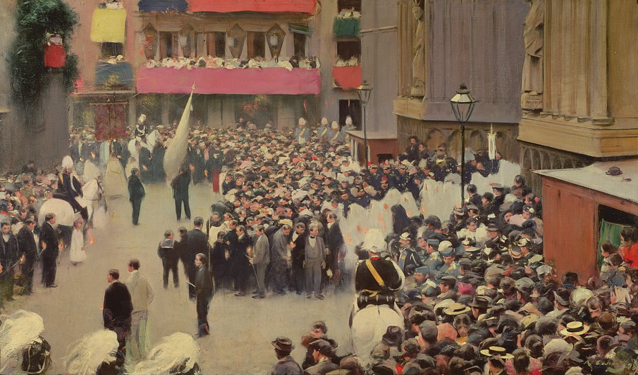 Corpus Christi procession som lämnar kyrkan Santa Maria del Mar, 1898 av Ramon Casas i Carbo