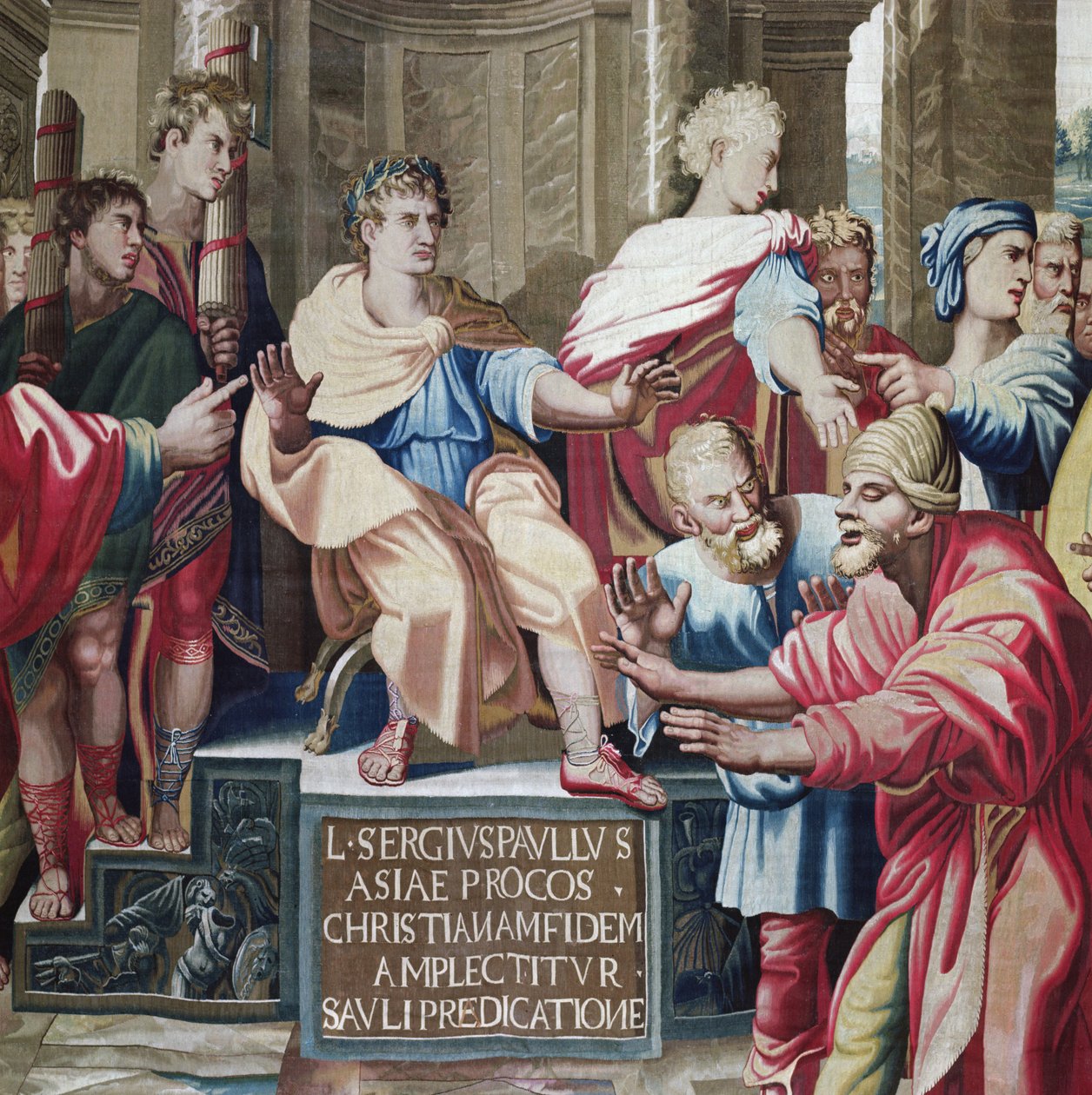 Gobeläng som skildrar Apostlagärningarna, Blindningen av Elymas detalj av Elymas trollkarlen slog blind och prokonsul Sergius Paulus, vävd på Beauvais Workshop under ledning av P av Raffaello Sanzio Raphael