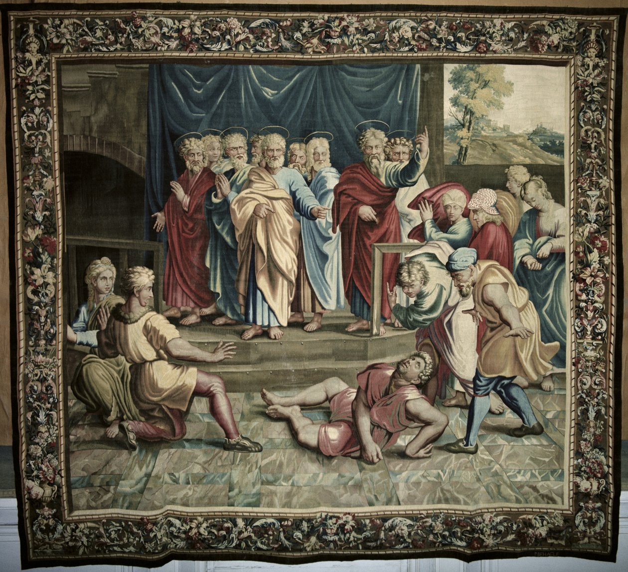 Ananias död, från en serie som skildrar Apostlagärningarna, vävd på verkstaden i Beauvais under ledning av Philippe Behagle (1641-1705) 1695-98 (ulltapet) av Raffaello Sanzio Raphael