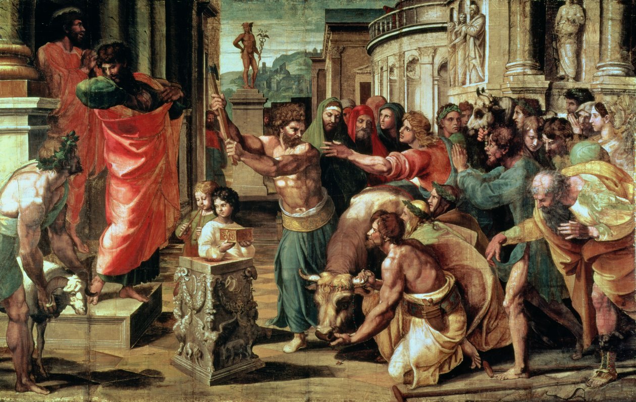Offret i Lystra (teckning för det Sixtinska kapellet) (FÖR RESTAURERING) av Raffaello Sanzio Raphael