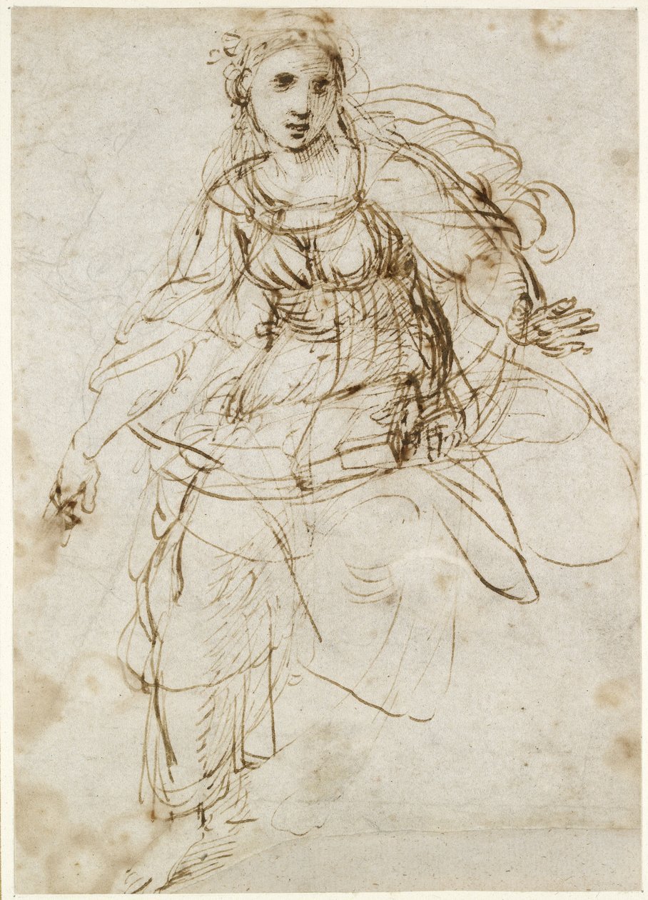 Recto: Allegorical Figure of Theology, WA1846.195 (penna & brunt bläck, med separata spår av ledpunkt på recto) av Raffaello Sanzio Raphael