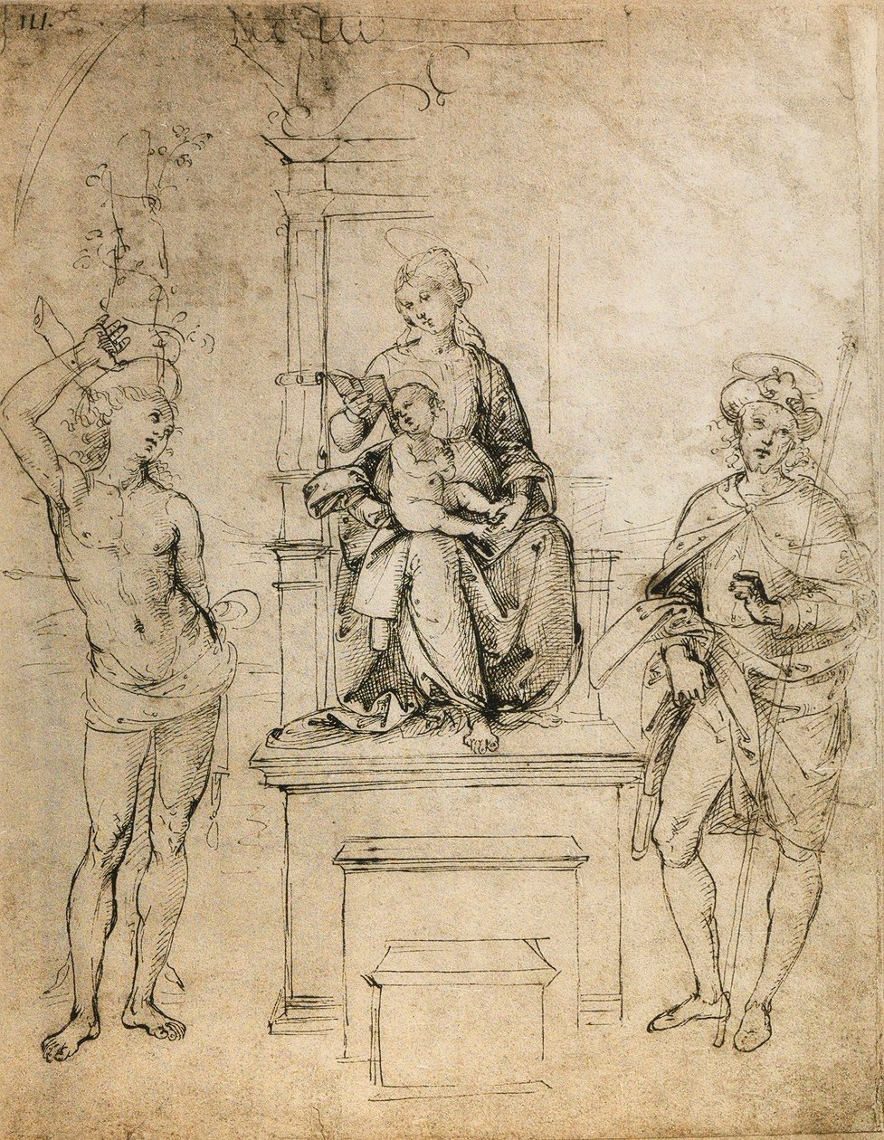 Jungfrun, Jesusbarnet, Sankt Sebastian och Sankt Rocco; teckning av Rafael. Louvren, Paris av Raffaello Sanzio Raphael