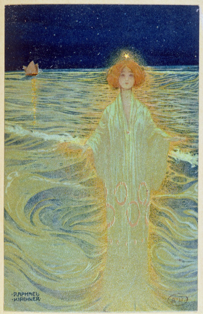 Spöke som dyker upp ovanför havet under natten, tidigt 1900-tal av Raphael Kirchner