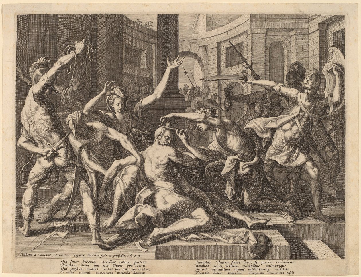 Delilah klipper Simsons hår, 1589. av Raphael Sadeler