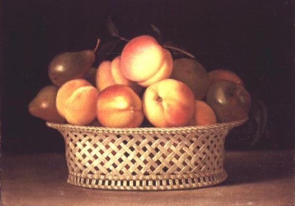 Skål med persikor (olja på duk) av Raphaelle Peale