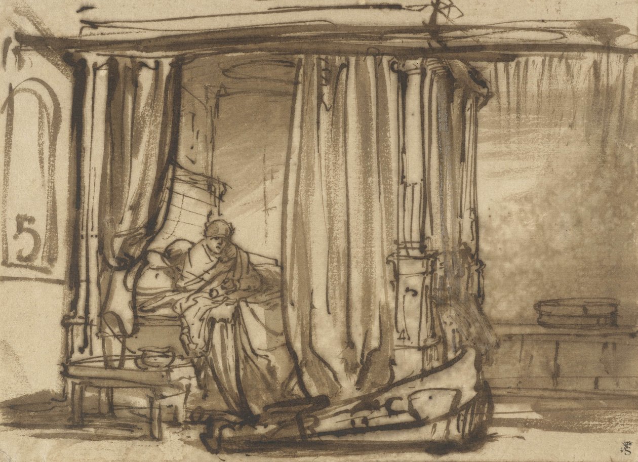 Sovrum med Saskia i sängen, c.1638 av Rembrandt van Rijn