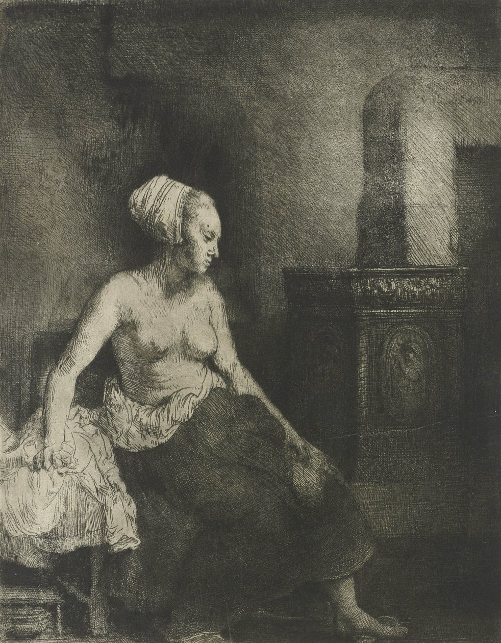 Halvnaken kvinna vid en spis, 1658 av Rembrandt van Rijn
