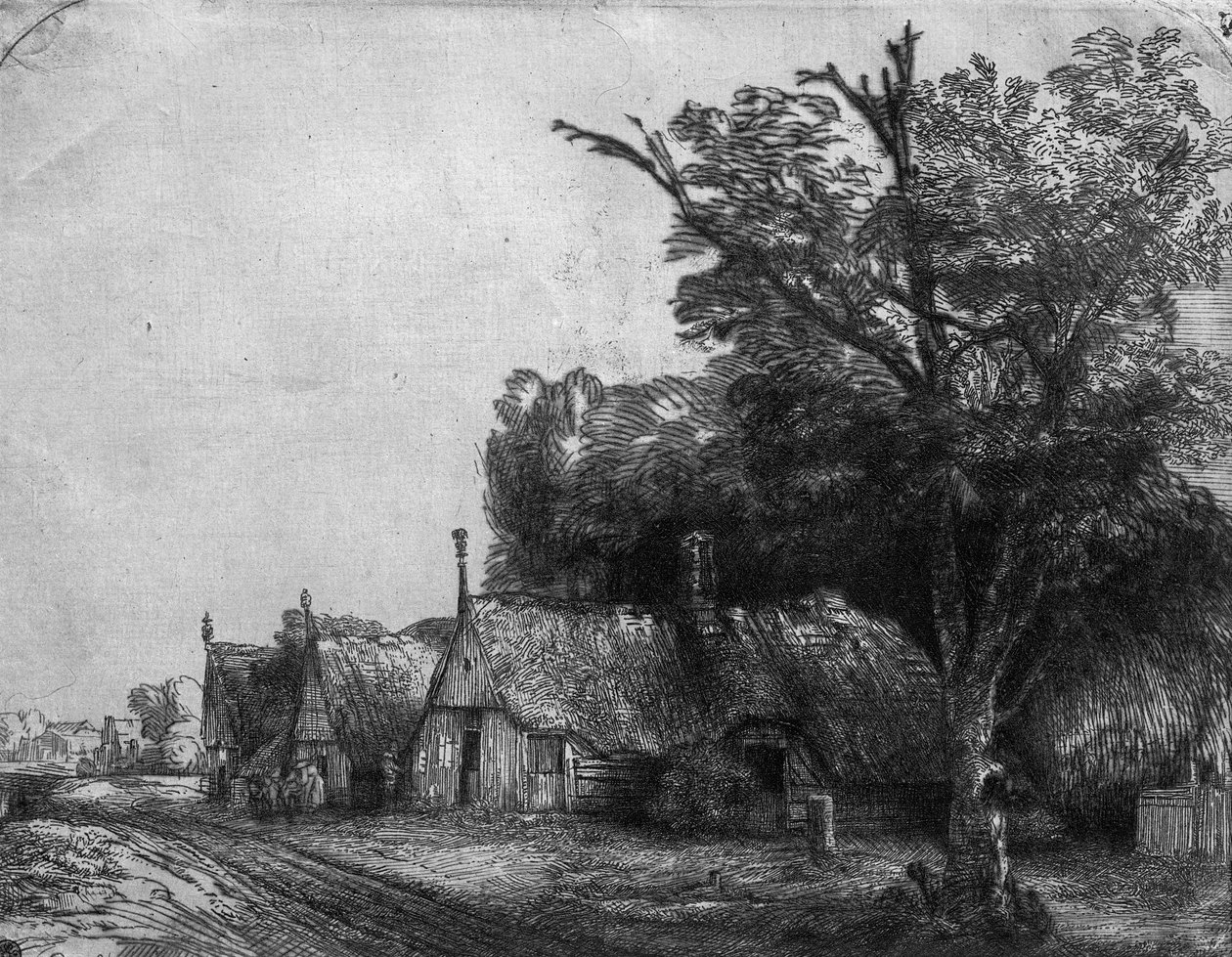 Landskap med tre stugor, 1650 av Rembrandt van Rijn