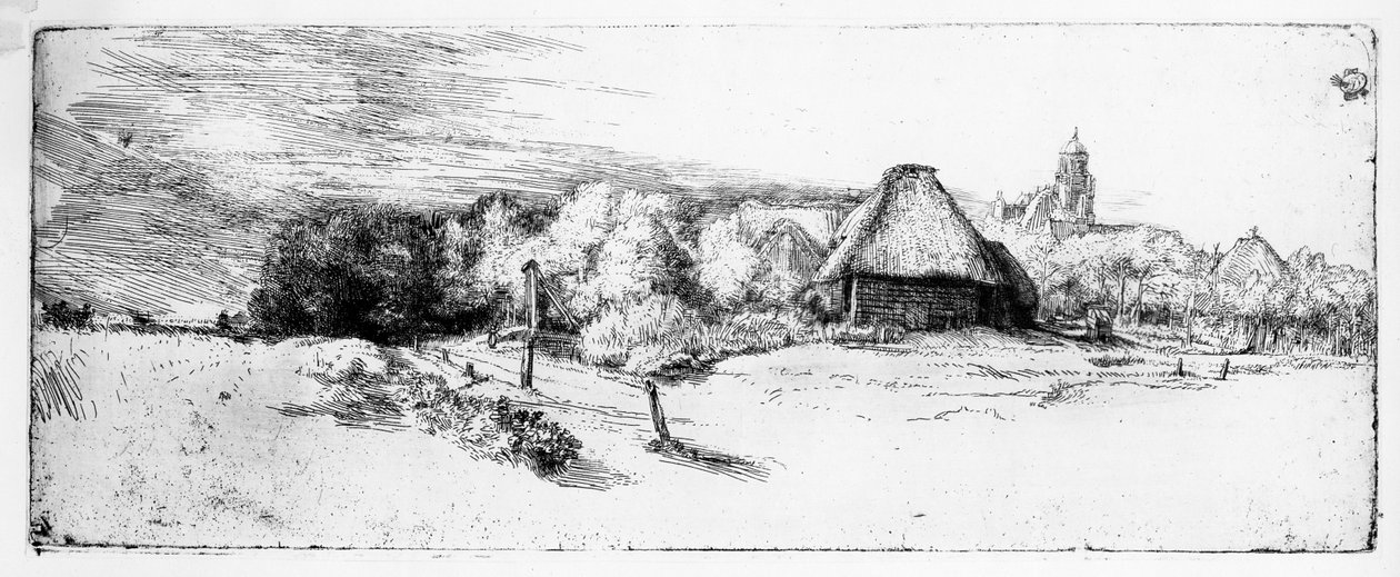 Landskap med torn, c.1651 av Rembrandt van Rijn