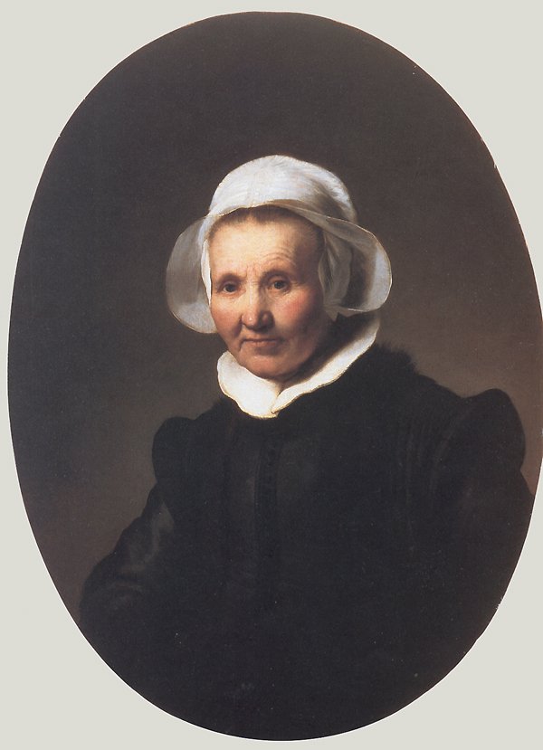 Portrait of a lady in black costume and a cap and collar av Rembrandt van Rijn
