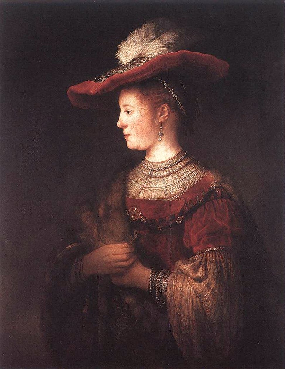 Saskia in pompous dress av Rembrandt van Rijn