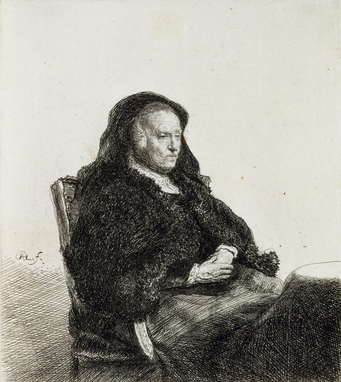 The Artists Mother Seated at a Table av Rembrandt van Rijn