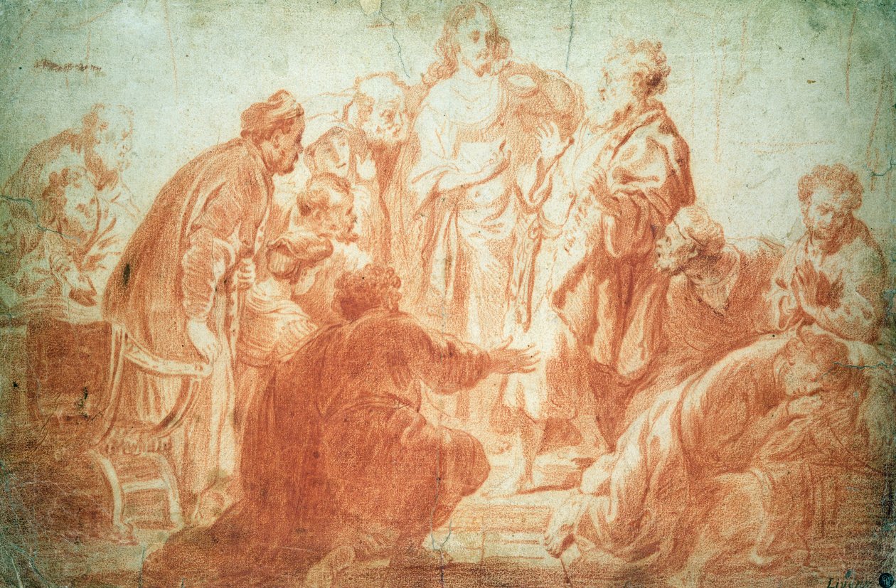 The Doubting Thomas (röd krita på papper) av Rembrandt van Rijn